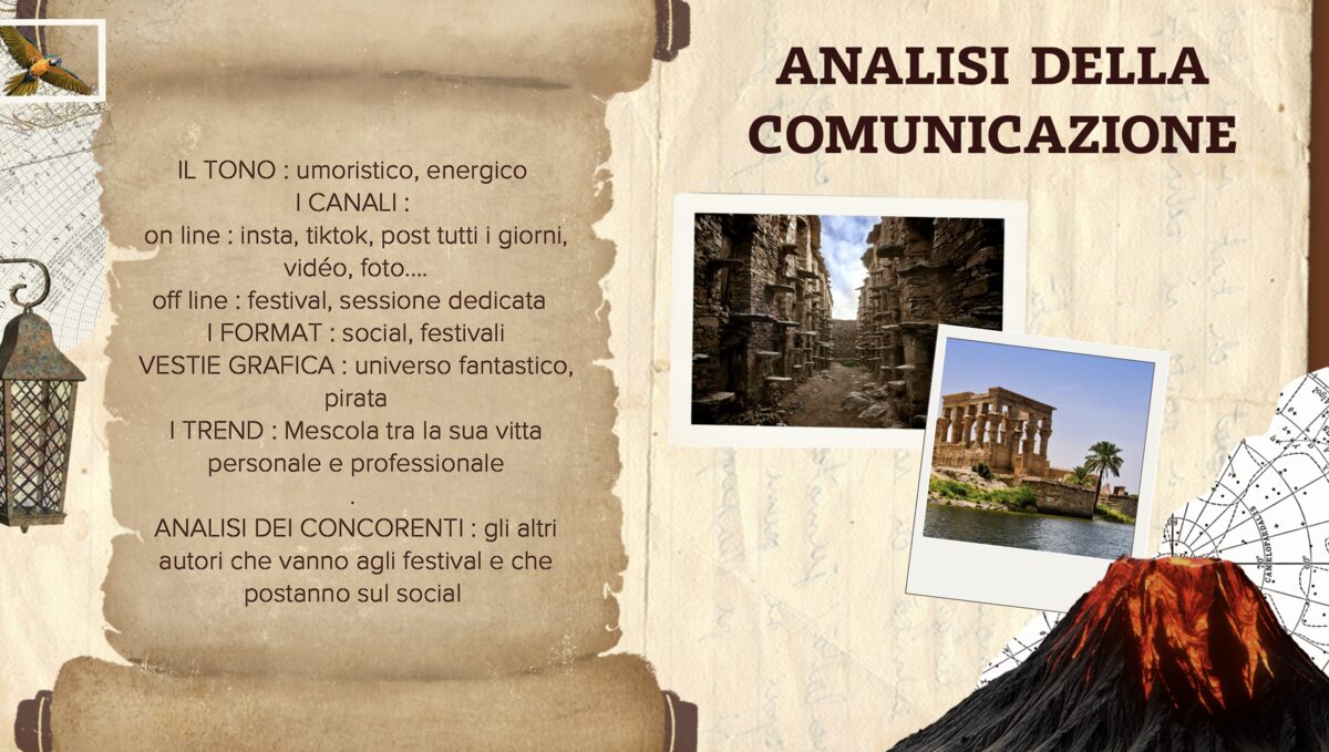 Presentation slide titled Analisi della comunicazione, breaking down tone, channels, format and competitor analysis for the book
