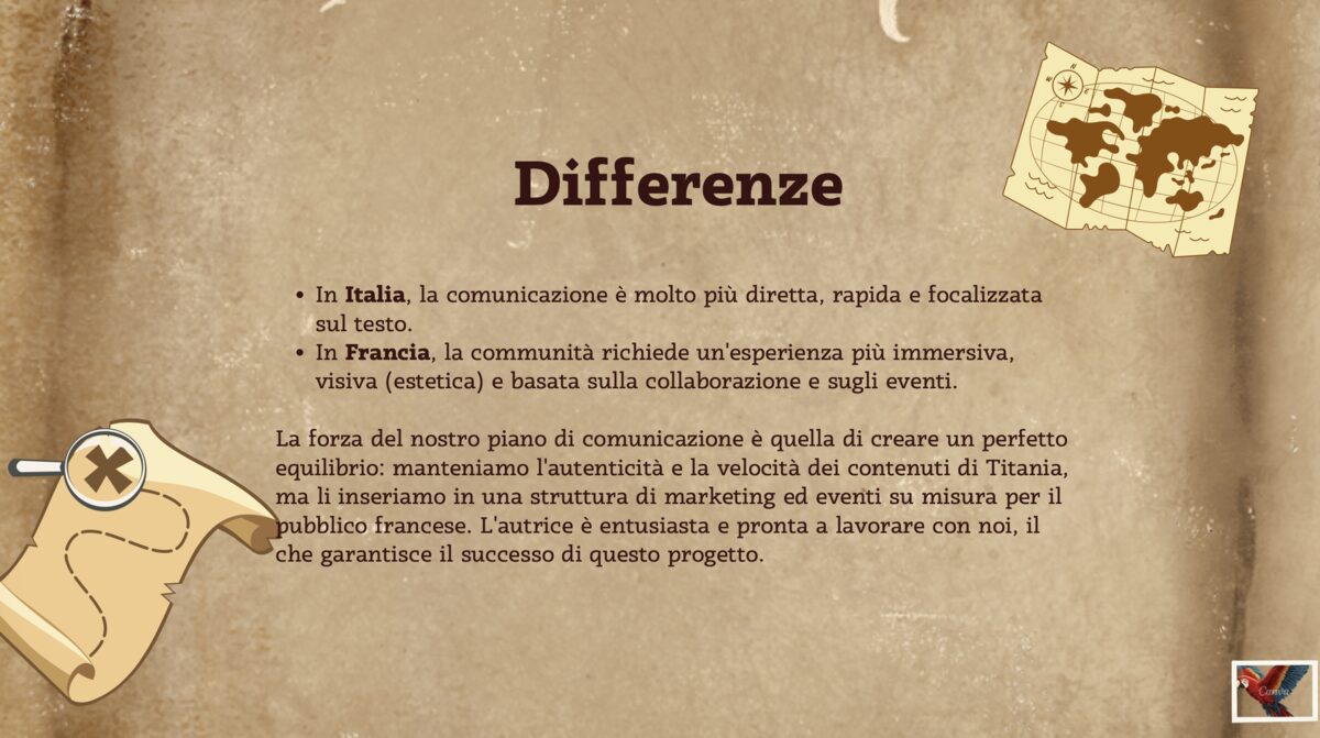 Presentation slide titled Differenze, comparing how communication works for the Italian and French markets